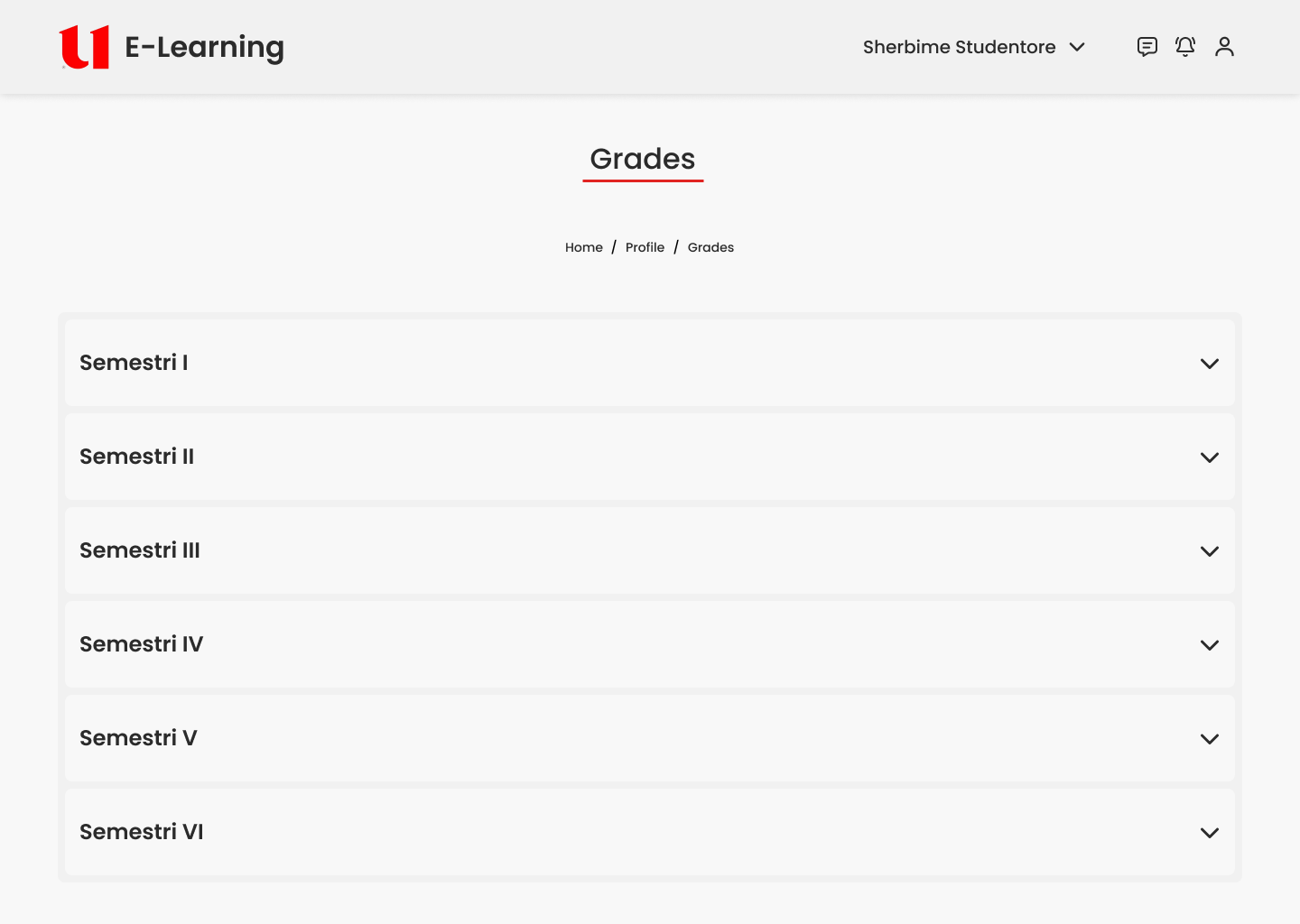 Semester list view — grades grouped by semester